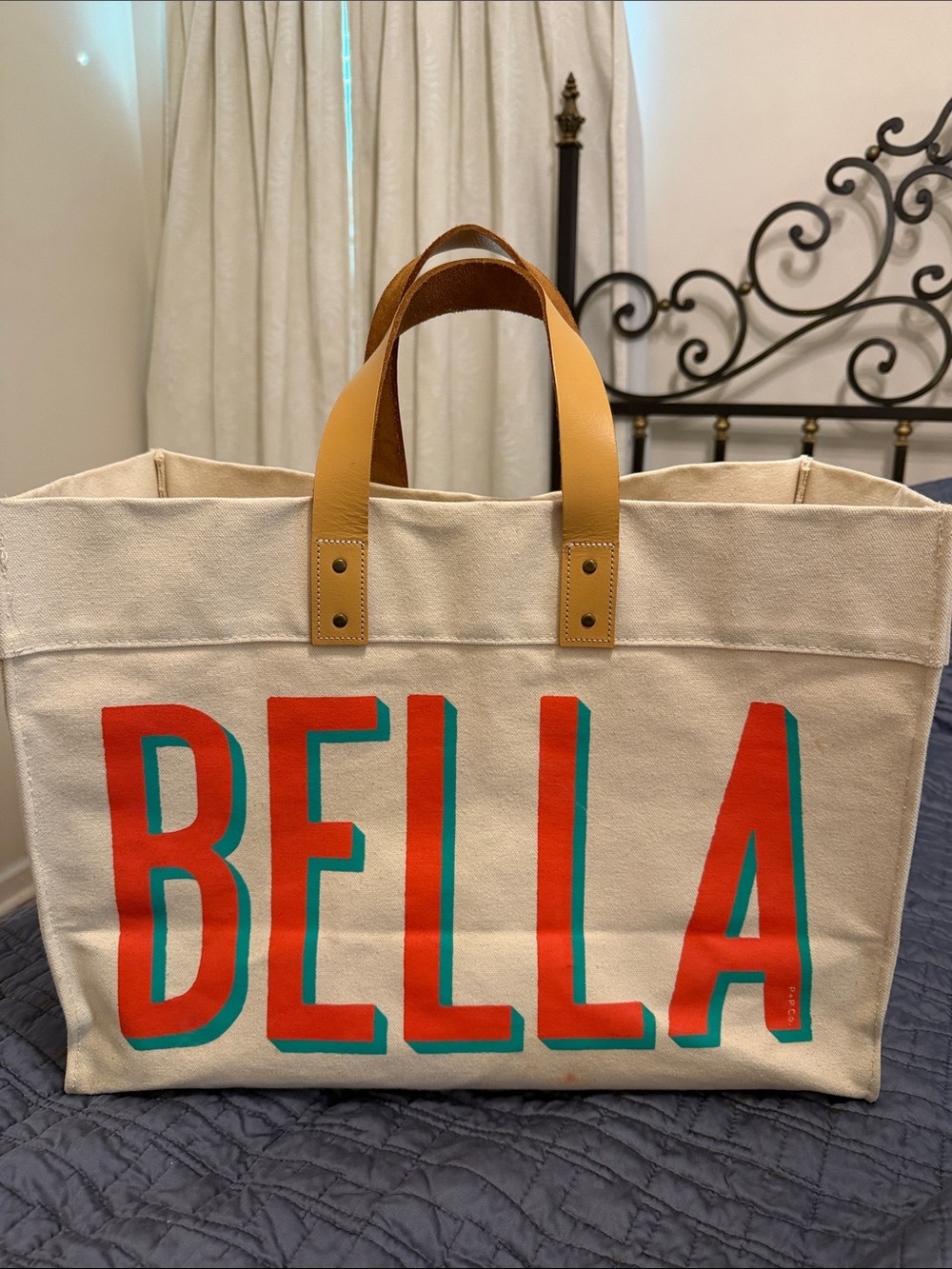Cream Canvas Tote with Orange and Teal CIAO BELLA Lettering and Tan Handles
